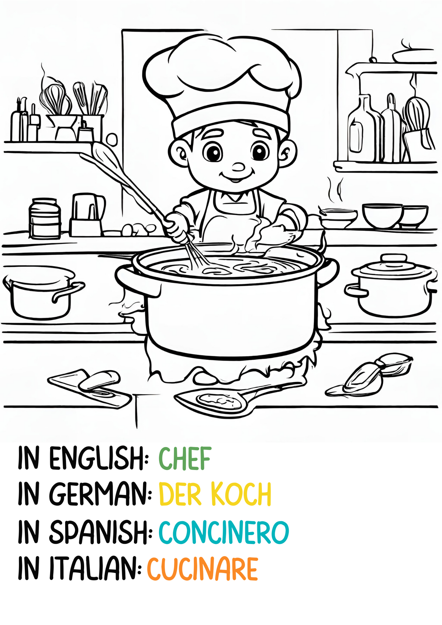 Print, Color & Learn: Professions in English, German, Spanish and Italian